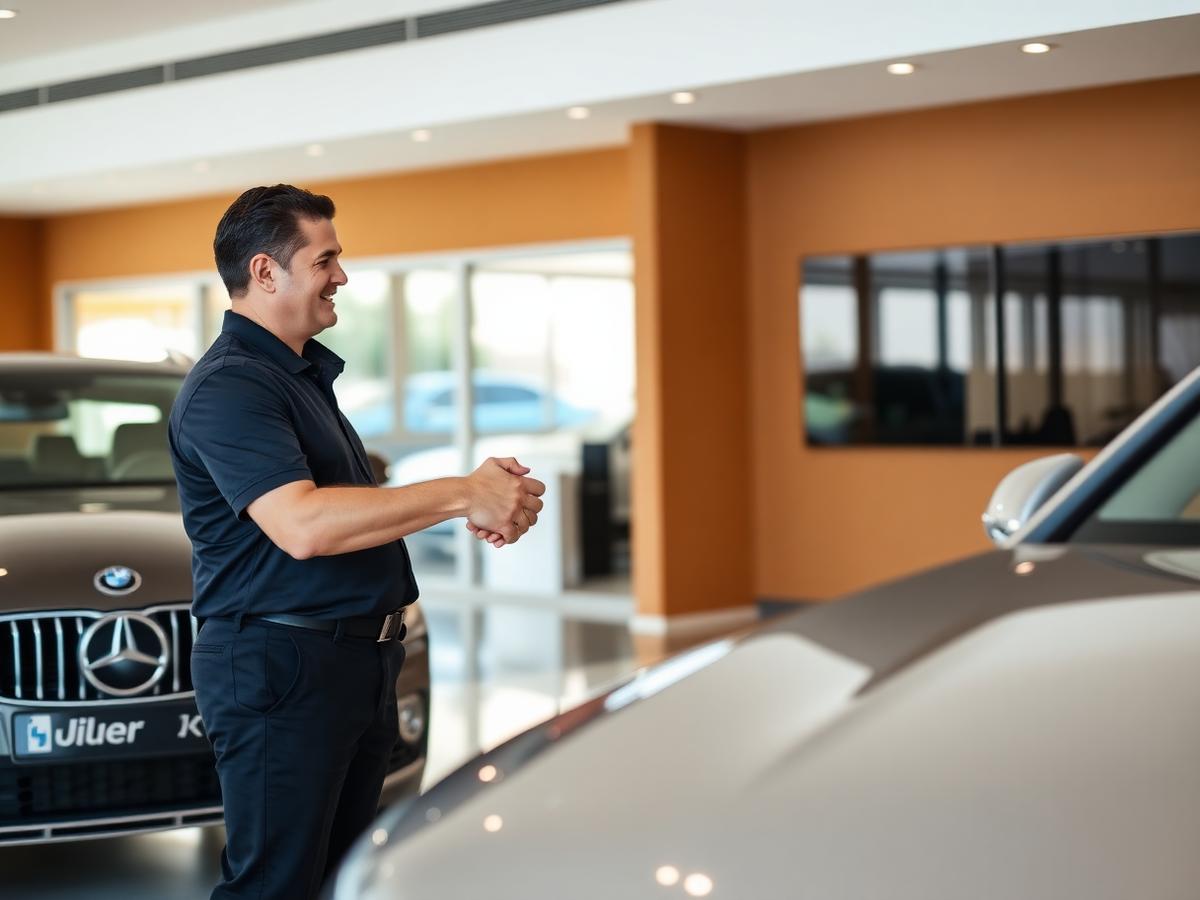 Consultor AutoHub atendendo cliente no showroom