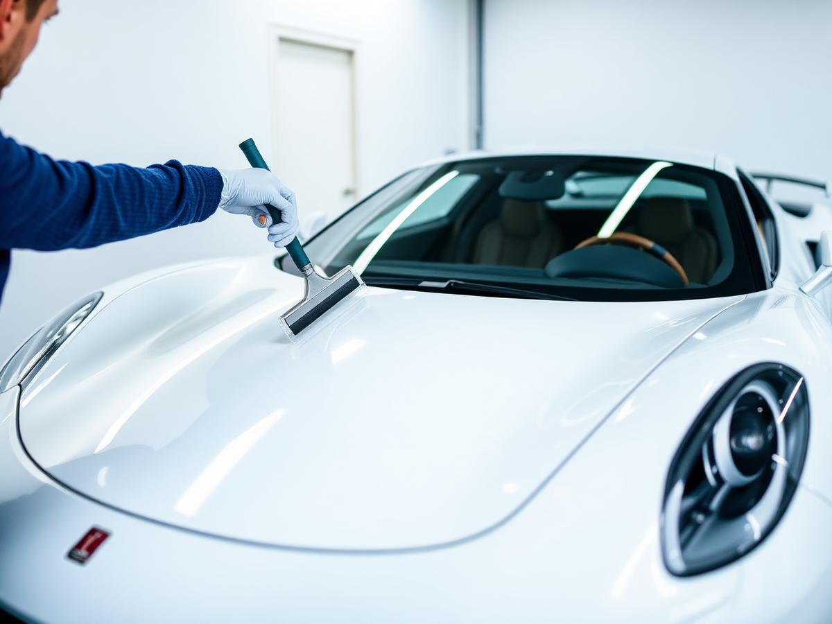 Aplicação de PPF em capô de carro esportivo branco